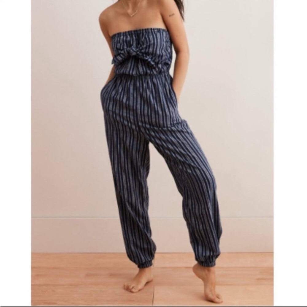 Summer Sale!!! AERIE Striped Blue Strapless Jumpsuit Jogger Bottom - Small